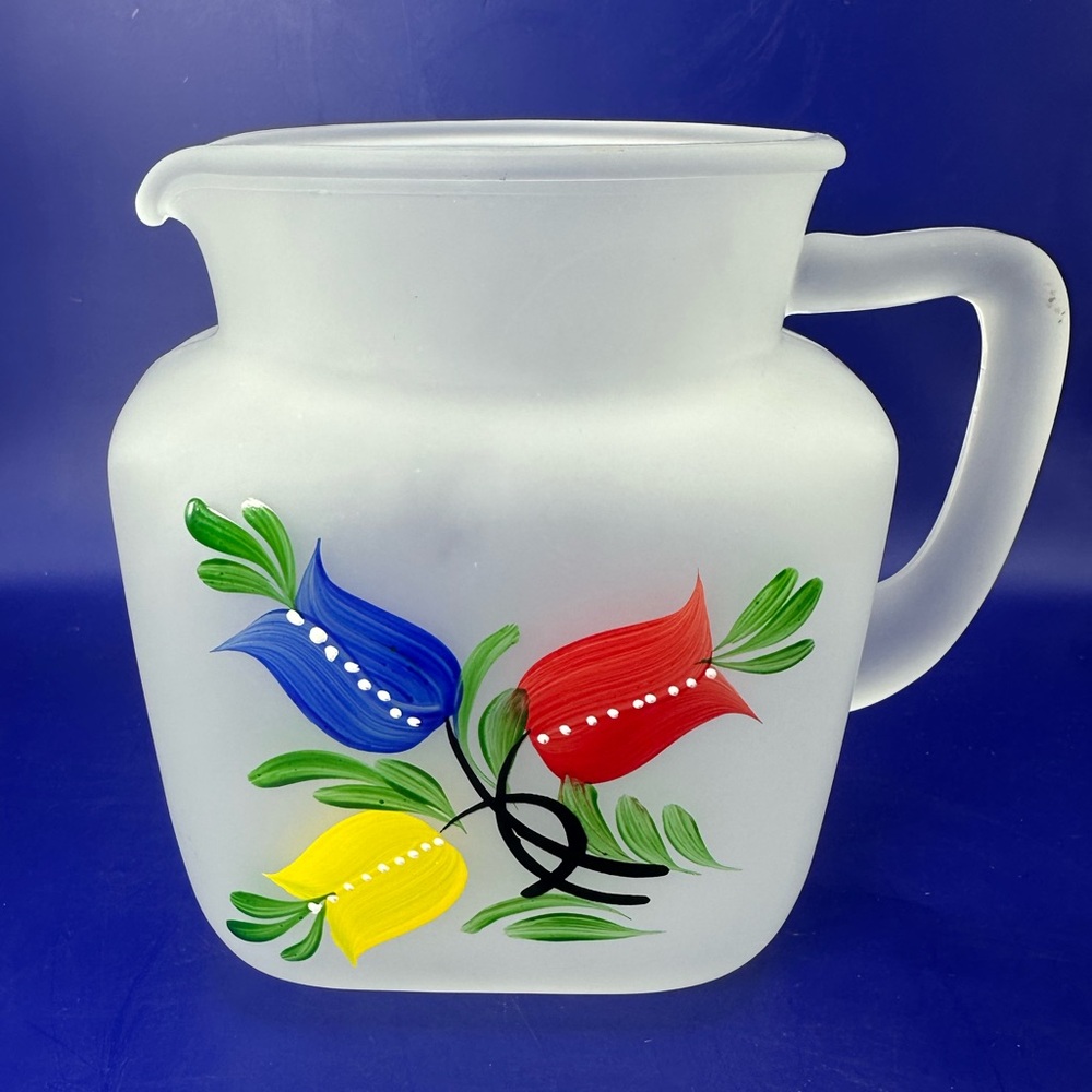 Vintage Hazel Atlas Square Frosted Glass Tulip Juice Pitcher. HandPainted.